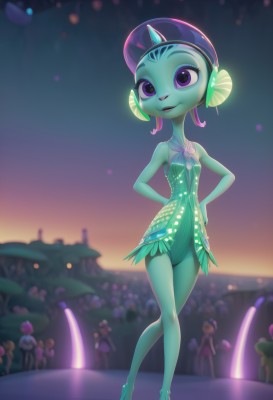 1girl,solo,breasts,smile,short hair,hat,dress,animal ears,bare shoulders,jewelry,closed mouth,standing,purple eyes,collarbone,swimsuit,full body,small breasts,outdoors,horns,sky,barefoot,sleeveless,solo focus,shiny,artist name,signature,blurry,bare arms,bare legs,makeup,night,sleeveless dress,depth of field,blurry background,colored skin,leaf,watermark,arms behind back,short dress,happy,gem,furry,eyeshadow,green dress,sunset,hands on hips,furry female,green skin,crowd,looking at viewer,high heels,hand on hip,eyelashes,headphones,web address,single horn,headset,blue skin,neon lights