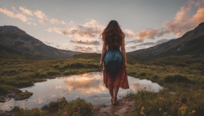 1girl,solo,long hair,skirt,brown hair,dress,standing,outdoors,sky,barefoot,cloud,water,from behind,blue dress,bird,wavy hair,cloudy sky,grass,nature,scenery,wading,reflection,walking,sunset,mountain,arms at sides,facing away,river,mountainous horizon,lake,shirt,bare shoulders,sleeveless,blue skirt,long skirt,rock,evening