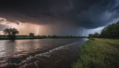 outdoors,sky,cloud,water,tree,no humans,cloudy sky,grass,nature,scenery,forest,rock,mountain,river,lightning,landscape,ocean,sunlight,sunset,horizon,electricity,lake,shore