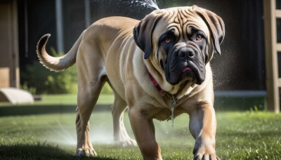 HQ,solo,open mouth,brown eyes,outdoors,day,water,blurry,collar,no humans,depth of field,blurry background,animal,grass,dog,realistic,leash,animal focus,animal collar,looking at viewer,standing,tongue,tongue out,chain