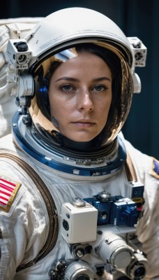 1girl,solo,looking at viewer,brown hair,brown eyes,closed mouth,upper body,lips,helmet,freckles,reflection,science fiction,realistic,nose,camera,space,american flag,spacesuit,space helmet,astronaut,black hair,expressionless,forehead,planet