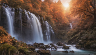 outdoors, sky, water, tree, no humans, sunlight, nature, scenery, forest, autumn leaves, river, autumn, waterfall, landscape