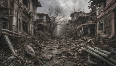 outdoors,sky,cloud,tree,no humans,window,cloudy sky,building,scenery,stairs,ruins,broken,bare tree,rubble,broken window,ground vehicle,motor vehicle,car,road,house,power lines,street,muted color,debris