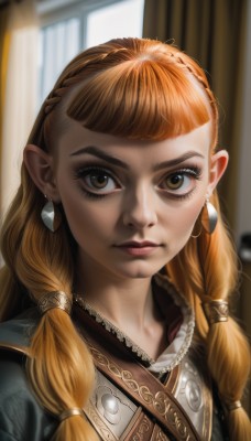 1girl,solo,long hair,looking at viewer,bangs,brown hair,brown eyes,jewelry,closed mouth,upper body,braid,earrings,indoors,blunt bangs,necklace,orange hair,blurry,twin braids,lips,eyelashes,window,blurry background,curtains,portrait,hair over shoulder,freckles,realistic,nose,multiple braids,blonde hair,armor