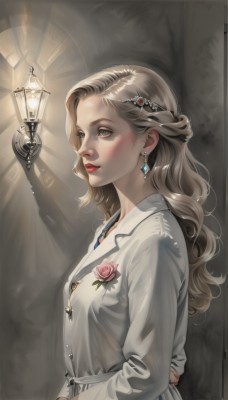 1girl,solo,long hair,breasts,blush,blue eyes,blonde hair,hair ornament,long sleeves,dress,jewelry,closed mouth,jacket,upper body,braid,flower,earrings,signature,necklace,from side,lips,grey eyes,eyelashes,makeup,buttons,rose,wavy hair,formal,lipstick,gem,pink flower,half updo,lantern,realistic,nose,red lips,light,lamp,pink rose,light bulb,brown hair,parted lips,suit,looking up,curly hair