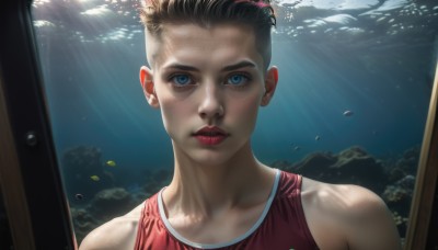 1girl,solo,looking at viewer,short hair,blue eyes,brown hair,black hair,1boy,bare shoulders,upper body,male focus,parted lips,water,lips,sunlight,tank top,red shirt,portrait,freckles,fish,bubble,light rays,underwater,realistic,nose,red lips,air bubble,sunbeam,aquarium,blonde hair,collarbone,makeup,undercut,mohawk