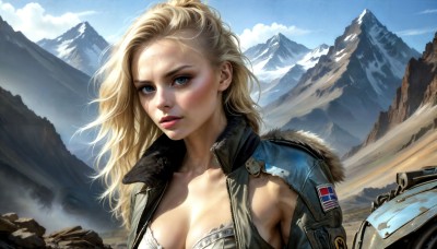 HQ,1girl,solo,long hair,breasts,looking at viewer,blue eyes,blonde hair,large breasts,cleavage,medium breasts,underwear,collarbone,jacket,upper body,outdoors,parted lips,open clothes,sky,day,cloud,signature,bra,open jacket,blue sky,lips,fur trim,eyelashes,makeup,ground vehicle,motor vehicle,forehead,rock,mountain,realistic,nose,dirty,mountainous horizon,desert,denim jacket,blush,cloudy sky,wind,messy hair,veins,motorcycle,leather jacket