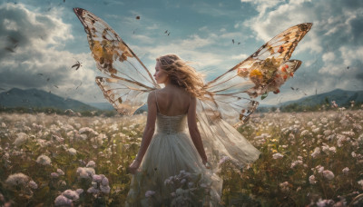 1girl, solo, long hair, blonde hair, dress, bare shoulders, standing, flower, outdoors, wings, sky, day, cloud, from behind, white dress, bird, cloudy sky, bug, wind, realistic, fairy wings, fairy, field, flower field, butterfly wings, insect wings