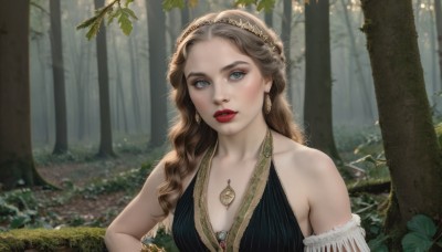 1girl,solo,long hair,breasts,looking at viewer,blue eyes,brown hair,dress,cleavage,bare shoulders,jewelry,medium breasts,collarbone,upper body,hairband,earrings,outdoors,parted lips,day,necklace,blurry,black dress,tree,lips,grey eyes,makeup,leaf,wavy hair,plant,lipstick,nature,forest,realistic,red lips,teeth,bracelet,sleeveless dress,halterneck,sunlight