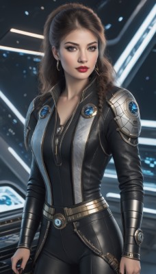 1girl,solo,long hair,breasts,looking at viewer,brown hair,brown eyes,jewelry,standing,collarbone,ponytail,cowboy shot,earrings,belt,nail polish,armor,mole,lips,bodysuit,makeup,lipstick,black nails,zipper,science fiction,curly hair,hoop earrings,realistic,nose,black bodysuit,red lips,leather,animification,medium breasts,artist name