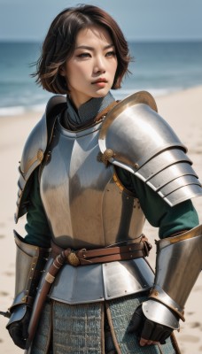 1girl,solo,looking at viewer,short hair,bangs,brown hair,gloves,long sleeves,brown eyes,closed mouth,standing,cowboy shot,outdoors,sky,day,black gloves,belt,artist name,fingerless gloves,water,armor,blurry,lips,looking to the side,blurry background,ocean,beach,shoulder armor,gauntlets,clenched hands,freckles,pauldrons,breastplate,realistic,nose,sand,vambraces,brown belt,faulds,knight,chainmail,plate armor,weapon,sword,depth of field,scar,looking away,sheath,scar on face