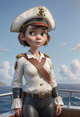 1girl,solo,breasts,short hair,blue eyes,brown hair,shirt,long sleeves,hat,closed mouth,standing,white shirt,weapon,cowboy shot,small breasts,outdoors,sky,day,belt,pants,cloud,water,uniform,blue sky,military,military uniform,buttons,ocean,black pants,clenched hands,freckles,epaulettes,nose,brown belt,watercraft,ship,lips,horizon,military jacket