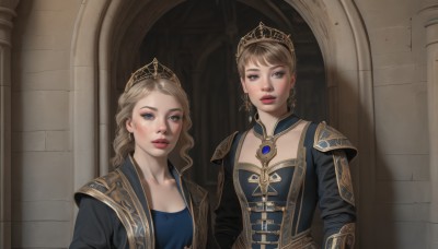 long hair,breasts,looking at viewer,short hair,bangs,blue eyes,multiple girls,blonde hair,brown hair,dress,2girls,cleavage,jewelry,upper body,earrings,parted lips,indoors,armor,lips,shadow,siblings,tiara,crown,sisters,freckles,gold trim,realistic,pillar,medium breasts,teeth,makeup,lipstick,red lips