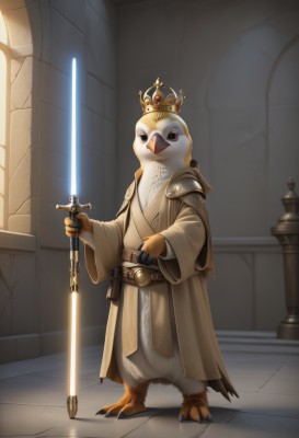 solo,looking at viewer,long sleeves,1boy,holding,standing,full body,weapon,male focus,belt,sword,indoors,wide sleeves,holding weapon,armor,black eyes,no humans,bird,holding sword,crown,furry,1other,robe,furry male,pillar,energy sword,duck,talons,beak,lightsaber,gloves,cape,cosplay,animal,fantasy,animal focus