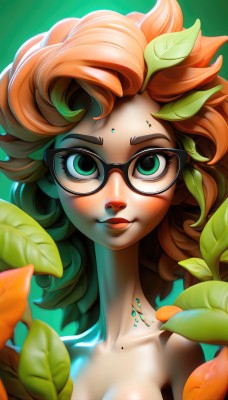 1girl,solo,long hair,breasts,looking at viewer,smile,cleavage,medium breasts,green eyes,collarbone,upper body,nude,glasses,orange hair,mole,lips,eyelashes,makeup,leaf,plant,lipstick,portrait,freckles,green background,black-framed eyewear,nose,monster girl,curly hair,green theme