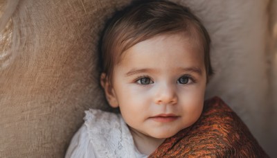 1girl,solo,looking at viewer,short hair,brown hair,shirt,brown eyes,closed mouth,white shirt,blurry,black eyes,lips,blurry background,child,portrait,realistic,female child,lying,pillow,eyelashes,expressionless,close-up,forehead