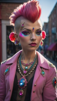 1girl,solo,looking at viewer,short hair,shirt,hair ornament,brown eyes,jewelry,closed mouth,green eyes,jacket,upper body,pink hair,flower,red hair,multicolored hair,earrings,outdoors,open clothes,day,artist name,signature,hair flower,dark skin,necklace,blurry,two-tone hair,open jacket,dark-skinned female,lips,looking to the side,black shirt,eyelashes,makeup,buttons,depth of field,blurry background,facial mark,looking away,lipstick,gem,pendant,eyeshadow,realistic,nose,eyeliner,pink jacket,very short hair,forehead jewel,blue gemstone,mascara,mohawk,yellow eyes,piercing,purple jacket