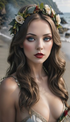 1girl,solo,long hair,breasts,looking at viewer,blue eyes,brown hair,hair ornament,dress,cleavage,bare shoulders,medium breasts,upper body,flower,outdoors,parted lips,signature,hair flower,bra,white dress,blurry,lips,eyelashes,makeup,blurry background,rose,wavy hair,lipstick,realistic,red lips,head wreath,blush,collarbone,day,strapless,leaf,white flower,strapless dress