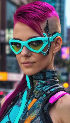 1girl,solo,long hair,looking at viewer,jewelry,closed mouth,upper body,pink hair,multicolored hair,earrings,sleeveless,dark skin,blurry,two-tone hair,dark-skinned female,lips,makeup,blurry background,watermark,piercing,sunglasses,lipstick,portrait,web address,eyeshadow,science fiction,asymmetrical hair,realistic,nose,stud earrings,eyeliner,undercut,tinted eyewear,cyborg,cyberpunk,short hair,bare shoulders,purple hair,from side,depth of field,turtleneck,very short hair,earpiece