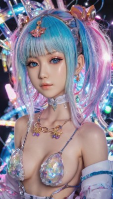 1girl,solo,long hair,breasts,looking at viewer,smile,bangs,blue eyes,hair ornament,bare shoulders,twintails,jewelry,medium breasts,closed mouth,blue hair,collarbone,swimsuit,upper body,pink hair,sidelocks,bikini,multicolored hair,hairband,earrings,small breasts,detached sleeves,choker,shiny,blunt bangs,necklace,off shoulder,two-tone hair,lips,eyelashes,makeup,crown,gem,revealing clothes,bikini top only,pink lips,realistic,nose,white choker,mascara,cleavage,artist name,shiny hair,streaked hair,sparkle,gradient hair,expressionless,tiara,glint