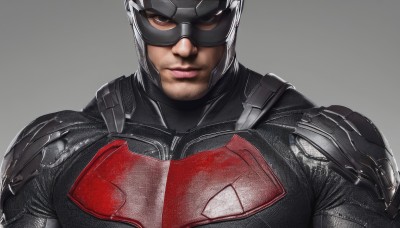 solo,looking at viewer,simple background,1boy,brown eyes,closed mouth,upper body,male focus,grey background,armor,lips,mask,helmet,realistic,manly,superhero,bodysuit,muscular,goggles,portrait