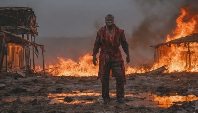 solo,gloves,1boy,standing,male focus,boots,outdoors,black gloves,pants,vest,facial hair,fire,beard,smoke,bald,ruins,embers,burning,destruction,molten rock,looking at viewer,shirt,jacket,full body,sky,dark skin,black jacket,torn clothes,blood,black pants,dark-skinned male,ground vehicle,torn jacket,post-apocalypse