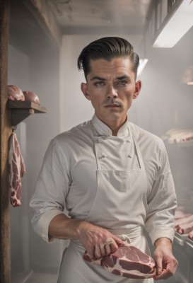 solo,looking at viewer,short hair,black hair,1boy,holding,closed mouth,standing,white shirt,upper body,male focus,food,indoors,black eyes,apron,lips,buttons,facial hair,freckles,realistic,meat,chef,chicken (food),jewelry,ring,holding food,beard,arm hair,steak