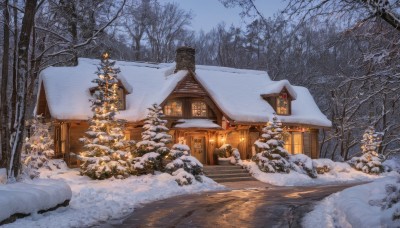 outdoors,sky,day,tree,no humans,window,building,nature,scenery,snow,forest,snowing,stairs,door,road,house,winter,christmas tree,bare tree,chimney,pine tree,blue sky,plant,lantern,mountain,bush,architecture,east asian architecture