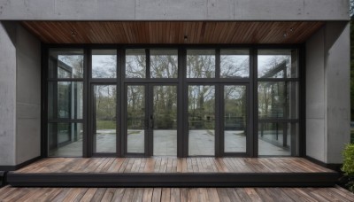 outdoors,sky,day,cloud,indoors,tree,no humans,window,plant,nature,scenery,forest,wooden floor,door,bush,shadow,snow,architecture,winter,east asian architecture,bare tree,wooden wall