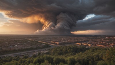 outdoors,sky,cloud,tree,no humans,cloudy sky,fire,building,nature,scenery,forest,smoke,sunset,mountain,city,dragon,cityscape,river,landscape,water,night,ocean,horizon,city lights