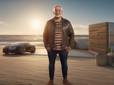 solo,looking at viewer,smile,shirt,long sleeves,1boy,standing,jacket,closed eyes,grey hair,male focus,outdoors,open clothes,sky,shoes,striped,pants,cloud,water,open jacket,facial hair,ocean,brown footwear,denim,ground vehicle,motor vehicle,beard,sunset,jeans,striped shirt,realistic,mustache,sun,car,old,old man,open mouth,full body,white hair,:d,black jacket,black pants,facing viewer,brown jacket,hands in pockets,horizon,bald,leather,leather jacket,sunrise,wrinkled skin