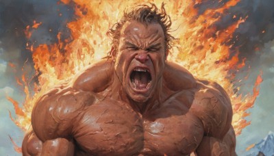 solo,open mouth,blonde hair,black hair,1boy,nipples,closed eyes,upper body,male focus,outdoors,sky,teeth,muscular,fire,pectorals,muscular male,angry,veins,topless male,mountain,realistic,manly,shouting,screaming,burning,molten rock,short hair,brown hair,tongue,facial hair,bara,large pectorals,veiny arms