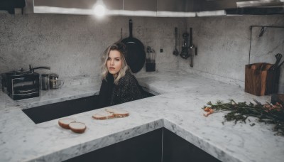 1girl,solo,long hair,looking at viewer,blue eyes,blonde hair,hat,food,indoors,lips,plant,realistic,kitchen,frying pan,brown hair,jewelry,weapon,necklace,gun,table,bottle,rifle,stove