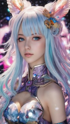 1girl,solo,long hair,breasts,looking at viewer,bangs,blue eyes,hair ornament,animal ears,cleavage,bare shoulders,medium breasts,blue hair,upper body,parted lips,teeth,blunt bangs,blurry,lips,clothing cutout,eyelashes,makeup,cleavage cutout,feathers,armlet,realistic,jewelry,multicolored hair,nose,feather hair ornament,erune