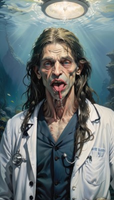 solo,long hair,looking at viewer,open mouth,blue eyes,brown hair,shirt,black hair,1boy,jewelry,upper body,male focus,earrings,teeth,tongue,tongue out,water,saliva,buttons,piercing,sunlight,blue shirt,fish,bubble,pocket,light rays,underwater,realistic,labcoat,breast pocket,air bubble,stethoscope,pill,doctor,collarbone