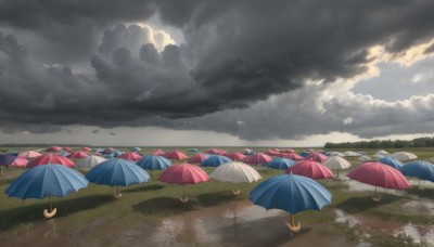 outdoors,sky,day,cloud,water,no humans,umbrella,cloudy sky,grass,nature,scenery,reflection,rain,puddle,monochrome,sunlight,field,landscape