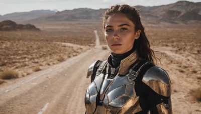 1girl,solo,long hair,looking at viewer,brown hair,brown eyes,closed mouth,upper body,outdoors,day,dark skin,armor,blurry,dark-skinned female,lips,bodysuit,blurry background,scar,shoulder armor,science fiction,breastplate,realistic,power armor,photo background,desert,expressionless,thick eyebrows,sand