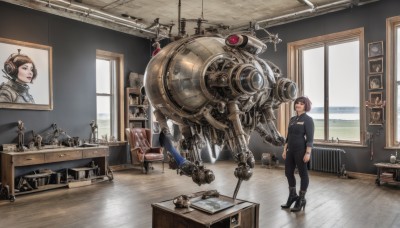 1girl,short hair,open mouth,brown hair,long sleeves,1boy,brown eyes,standing,boots,pants,indoors,black footwear,window,chair,table,robot,mecha,science fiction,realistic,door,photo (object),picture frame,painting (object),non-humanoid robot,solo,purple hair,high heels,black pants,helmet,scenery,machinery,aircraft,jumpsuit,machine,pilot