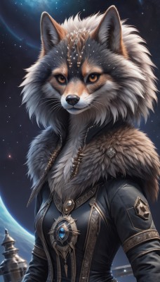 1girl,solo,looking at viewer,long sleeves,animal ears,brown eyes,jewelry,jacket,upper body,outdoors,sky,artist name,signature,black jacket,orange eyes,fur trim,no humans,night,animal,brooch,gem,star (sky),night sky,furry,starry sky,fur collar,furry female,space,body fur,white fur,planet,animal nose,whiskers,snout,earth (planet),black fur,fluffy,breasts,moon,wolf