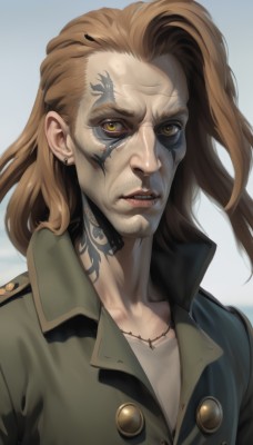 solo,long hair,looking at viewer,brown hair,1boy,brown eyes,jewelry,collarbone,yellow eyes,upper body,male focus,earrings,parted lips,teeth,necklace,uniform,lips,tattoo,buttons,facial hair,scar,facial tattoo,shirt,artist name,signature,portrait,beard,realistic