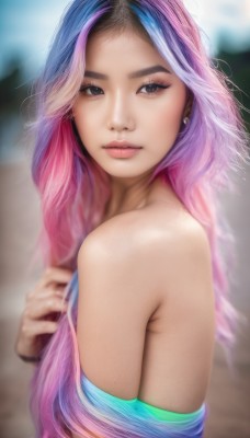 1girl,solo,long hair,looking at viewer,black hair,bare shoulders,brown eyes,jewelry,blue hair,upper body,pink hair,multicolored hair,earrings,outdoors,parted lips,day,artist name,off shoulder,blurry,black eyes,bracelet,from side,two-tone hair,lips,looking to the side,depth of field,blurry background,web address,realistic,nose,breasts,purple hair,sideboob