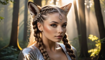 1girl,solo,long hair,looking at viewer,brown hair,hair ornament,animal ears,brown eyes,jewelry,closed mouth,collarbone,upper body,braid,flower,multicolored hair,earrings,outdoors,day,artist name,cat ears,blurry,twin braids,tree,lips,animal ear fluff,eyelashes,depth of field,blurry background,sunlight,portrait,nature,extra ears,forest,circlet,realistic,nose,parted lips,makeup,hair over shoulder,freckles,mascara,head chain