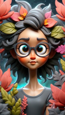 1girl,solo,looking at viewer,smile,short hair,shirt,black hair,hair ornament,brown eyes,collarbone,upper body,flower,short sleeves,glasses,artist name,hair flower,lips,leaf,watermark,t-shirt,web address,grey shirt,blue eyes,grey hair,orange eyes,messy hair,child,freckles