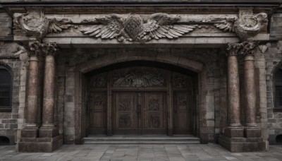 wings,indoors,no humans,window,scenery,feathered wings,stairs,fantasy,door,architecture,pillar,statue,arch,column,stone floor,monochrome,outdoors,building,wall,tile floor,east asian architecture,gate,pavement,brick floor