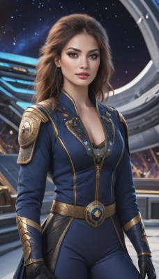 1girl,solo,long hair,breasts,looking at viewer,brown hair,gloves,cleavage,brown eyes,jewelry,medium breasts,standing,collarbone,cowboy shot,earrings,parted lips,sky,black gloves,belt,armor,lips,bodysuit,makeup,night,lipstick,star (sky),realistic,nose,red lips,space,zipper,starry sky,blue bodysuit