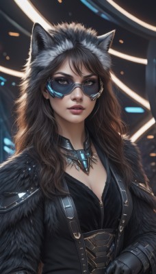 1girl,solo,long hair,breasts,looking at viewer,brown hair,black hair,gloves,animal ears,cleavage,brown eyes,jewelry,medium breasts,upper body,glasses,black gloves,artist name,cat ears,necklace,lips,fur trim,makeup,sunglasses,realistic,nose,tinted eyewear,jacket,parted lips,hood