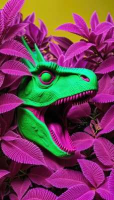 solo,open mouth,green eyes,flower,teeth,tongue,tongue out,no humans,leaf,plant,sharp teeth,yellow background,monster,simple background,pink eyes,animal,animal focus,colorful,dinosaur