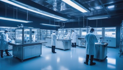 1girl,short hair,multiple girls,black hair,long sleeves,hat,holding,standing,boots,multiple boys,pants,indoors,black footwear,coat,mask,scenery,reflection,6+boys,blue theme,labcoat,shop,ceiling light,doctor,male focus,white coat