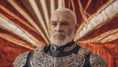 solo,looking at viewer,short hair,1boy,closed mouth,upper body,white hair,male focus,armor,blurry,black eyes,blurry background,facial hair,shoulder armor,portrait,beard,pauldrons,breastplate,realistic,mustache,bald,manly,old,old man,wrinkled skin,brown eyes