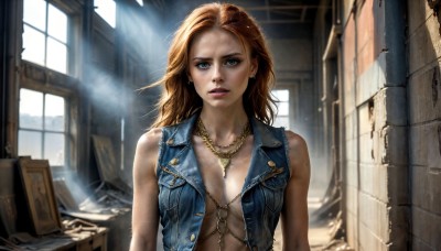 HQ,1girl,solo,long hair,breasts,looking at viewer,blue eyes,brown hair,cleavage,bare shoulders,jewelry,medium breasts,jacket,upper body,earrings,parted lips,open clothes,sleeveless,day,indoors,necklace,orange hair,vest,lips,window,no bra,chain,sunlight,denim,pendant,smoke,freckles,pocket,light rays,realistic,ruins,dust,denim jacket,red hair,mole,torn clothes,makeup,dirty,open vest